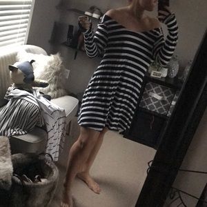 Navy blue and white striped dress.